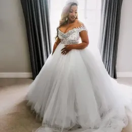 Plus Size African ASO EBI Ball Gown Wedding Gowns Off Shoulder Lace Crystal Peals Short Sleeves Tulle Bridal Gowns Robe De Marriage