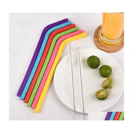 Drinking Straws 6Pcs2Brush Set 23Cm Candy Colors Sile St Reusable Folded Bent Straight Home Bar Accessory Tube Drop Delivery Garden Dht0I