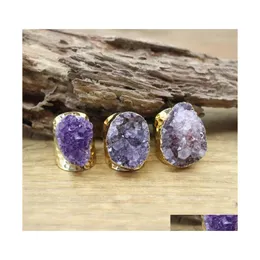 クラスターリングIrregar Amethysts Geode Golden Purple Quartz ore Druzy Adathy Ring Fashion Men/Women Jewelry Dropship QC4091 DHXCP