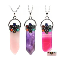 Pendant Necklaces Natural Stone Retro Sword Shaped Pendants Chakras Pendums Healing Chakra Crystal Pink Quartz Tiger Eye Drop Delive Otk0G