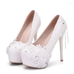 Dress Shoes Wonen Pumps Fashion Rhinestone Pearl Wedding Round Toe 14CM Thin Heels Women Party Nightclub Pump