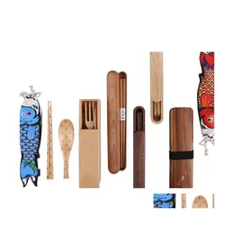 Flatware Sets Japanese Wooden Cutlery Set Healthy Dinnerware Gift Portable Travel Chopsticks Spoon Fork Box Drop Delivery Home Garde Dhgka