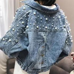 Damjackor Denim Korta kappor och kvinnor 2023 Höst Blå fickor Pearl Cropped Jacka Vintage Casual Streetwear Dam Ytterkläder