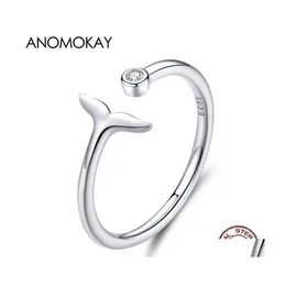 Pierścienie klastra Anomokay Fish Tail Mermaid Otwarty palcem 925 Sier dla kobiet regulowany opaska szterling rozmiar biżuterii dostawa dhhwo