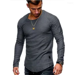Męskie koszule T 2023 marka solidna kolorystyczna plisowana łatka detale długie koszulka Mężczyźni Męs