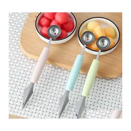 Fruktgr￶nsaksverktyg Rostfritt st￥l 2 In1 Dualhead Carving Knife Tool Watermelon Ice Cream Baller Scoop Stacks Spoon Home Kitche Dhwki