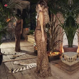 Sukienki na co dzień Tossy Leopard V-neck Maxi sukienka na imprezę dla kobiet przezroczysty pasek Spaghetti Backless Slim letnie wakacje na plaży Vestidos