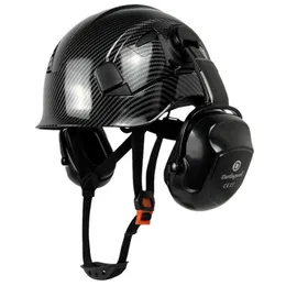 Capacete de seguran￧a do padr￣o de fibra de carbono Industrial com protetores de ouvido para engenheiros Constru￧￣o Hard Hard CE EN397 ABS Caps Men