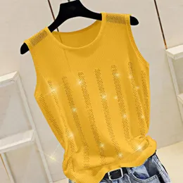 Women's Tanks 2023 Woherb Summer Ice Silk Lady Thin Knitted Vest Women Casual Tank Top Modis Sequined Beading Mesh Shirt Yellow