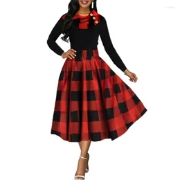 Sukienki swobodne kobiety eleganckie długie sukienki szalik kołnierz w stylu Anglia Patchwork Plaid Party Femme Vintage Sleeve Linia Maxi