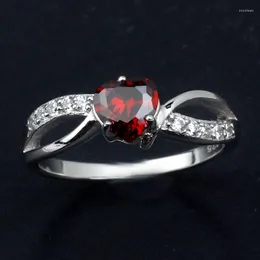 Cluster Rings Women's Heart Shape Simulated Red Garnet 925 Sterling Silver Ring Crystals Decorated Jewelry Gift R623