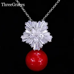 Pendant Necklaces ThreeGraces Elegant Handmade Cubic Zircon Snowflake With Red Pearls Drop Necklace For Women Fashion Jewelry Gift PN038