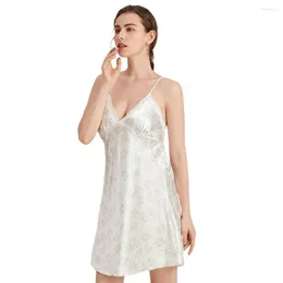 Kvinnors sömnkläder Kvinnor Strappy Satin Print Dress Full Slips Lace Trim Chemise Nightgown Sexig Nightie V Neck Sleepdress Bridal Babydoll