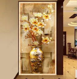 Tapeten Tapeten Custom Luxury Wandbild 3D Stereoskopische europäische Magnolien Vase Aufkleber Schlafzimmer Wohnzimmer Tür Flur Dekor Wedpapier