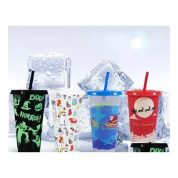 Mugs 24Oz/710Ml Christmas Halloween Mug Colorchanging Water Cup Coldchanging Drink St Fruit Tea Pp Temperaturesensitive Plastic Cups Dhxbt