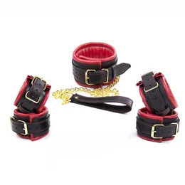 Beauty Items 3 Color Leather Metail Soft Spong sexy Handcuffs & Anklecuffs Collar Drag Bdsm Bondage Set Toys for Couples Erotic Womens