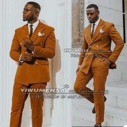 Ternos masculinos Blazers Spring/Autumn Orange Men Men Skinny Double Bastested com calça 2 peças conjunto de groom wear man tuxedos Blazer