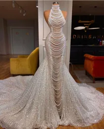 Vestidos de casamento sereia sem mangas alto pescoço d renda apliques lantejoulas pérolas frisadas até o chão sexy plus size vestidos de noiva abiti da sposa customed