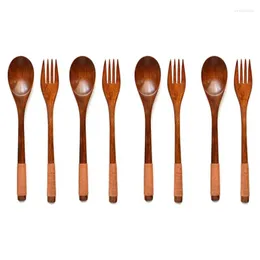 Dinnerware Sets 8 Pcs Wooden 9 InchJapanese Spoon Fork Set Kitchen Tableware Natural Wood Cutlery Dinner