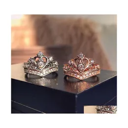 Klusterringar släpp ins toppförsäljning fina smycken 925 Sterling Sier Rose Gold Fill Promise 5A Zircon Women Wedding Crown Band Ring Deli DHBTX