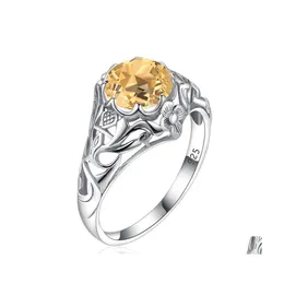 クラスターリングanillos Mujer Citrine Stone 925 Sterling Sier Ring for Women Prong Setting Round Gemstone Boho Fine Jewelry Anniversar Dhwqo