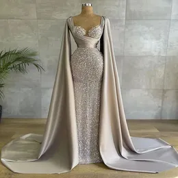 Sparkly Arabic Mermaid Prom Dresses Sequined Pleat Cape Ruched Evening Party Formal Dress For Women Robe De Mariage