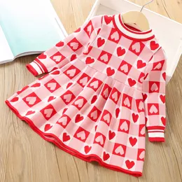 Girl Knitted Warm Dresses Heart Printed Party Dress Kids Long Sleeve Dress Christmas Party Costumes for 2-6Y