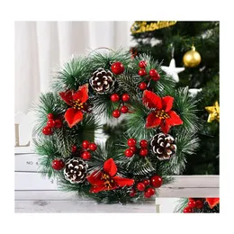 Decorative Flowers Wreaths Christmas 32 Cm Garland Pine Cone Red Berries Hanging On The Door Drop Delivery Home Garden Festive Par Dhgnp