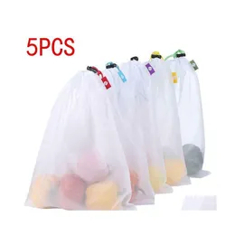 저장 바구니 5pcs 재사용 가능한 과일 야채 가방 세척 가능한 그물 메쉬 주방 주최자 음식 포장 가방 생산 드롭 배달 홈 DH4CG