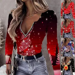 여자 T 셔츠 가을 겨울 대 목 목걸이 의류 지퍼 지퍼 인쇄 크리스마스 긴팔 탑 캐주얼 풀오버 패션 티 셔츠 셔츠