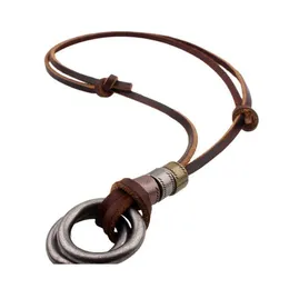 Pendant Necklaces Vintage Brown Genuine Leather Double Ring Eyeglass Necklace Adjustablependant Drop Delivery Jewelry Pendants Otxgi