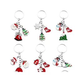 Party Favor Christmas Keychain Pendant Zinc Eloy Nyckelhållare Charm Santa Xmas Tree Snowman Bell Hanging Pendants Holiday Decorations DHU2V