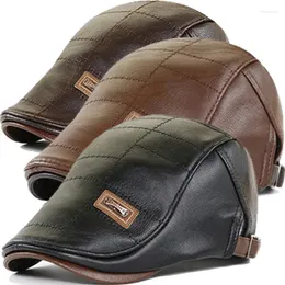 BERETS 2023 MEN HAT LEATHER CAP مسطح دافئ الخريف الشتاء ذكر قابلة للتعديل PU MANS RETRO SBOY HATS GATSBY