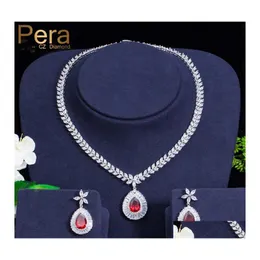 Earrings Necklace Pera Classic Flower Bridal Wedding Party Jewelry Set Cz Stone Big Red Water Drop Pendant Sets For Women J0183 Del Otkc1