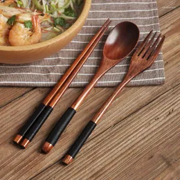 Dinnerware Sets Natural Wooden Spoon & Fork Dinner Kit Portable Wood Tableware Cutlery Travel Suit Camping Outdoor For Cooking