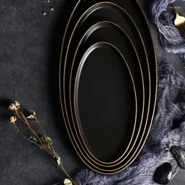 Пластины Золотая диски овальная тарелка домашняя керамическая матовая черная посуда творческая западная паста стейк персонализированный ужин