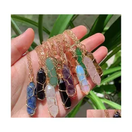 Pendant Necklaces Natural Stone Gold Wire Wrap Crystal Necklace Hexagonal Amethysts Pink Quartz Pendum Chakra Healing Jewelr Yummysh Dh5D8