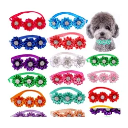 Dog Apparel 50/100Pcs Pet Bow Ties Flowers Collar With Shiny Rhinestones Bright Color Small Middle Neckties Pets Supplies Dogs Acces Otyzs