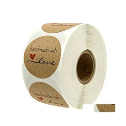 Embrulhado de presente 500pcs feito ￠ m￣o com amor Kraft Paper Stick Round Seal Label