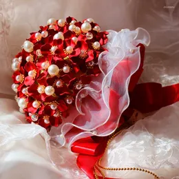 Hochzeitsblumen, Burgunderrot, Muschelperle, Elfenbein, Blumenstrauß, handgefertigt, wassergefüllt, luxuriöse Braut-Blumenaccessoires