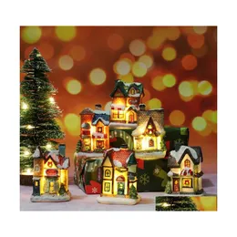 Christmas Decorations 1Pcs Resin House Ornament Micro Landscape Led Light Xmas Village Decorative Party Home Decoration Gift Drop De Dh74D