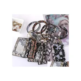 Key Rings Ring Leopard Printed Bangle Id Card Holder Pu Leather Round Keychain With Tassel Wristlet Wallet For Women Girls Q11Fz Dro Dhnui