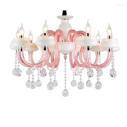 Chandeliers Cafe Salon Led Pink Crystal Chandelier 교수형 램프 현대 조명 어린이 방 따뜻한 웨딩 침실