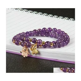 Beaded Design Wholesale 10Pcs/Lot 6Mm Natural Purple Crystal Stone Beads With Fatima Hand Hamsa Bracelets Fine Girl Women Charms Jew Dhvhp