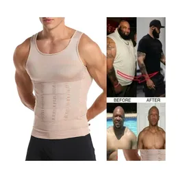 Midja mage shaper m￤n kropp shapers tight mager ￤rml￶s skjorta fitness tr￤nare elastisk sk￶nhet buk tank tops slant br￶st dhxaz