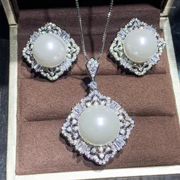 Necklace Earrings Set EYIKA Elegant Black White Big Pearl Jewelry Silver Color Filled Zircon Flower Charm & Luxury Noble