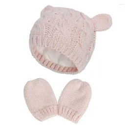 Hüte 1 Set Baby Hut Handschuh gestrickt verdrehte Texturohrdekoration reine Farbkappe Handschuhe Mitten für Zuhause