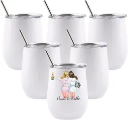 12oz Wine Tumbler Diy SubliMation Blanks Rostfritt stål Vinumlar Rak kropp Fit för Cricut Mugg Press Machine Full Wrap Heat Transfer med glidande lock