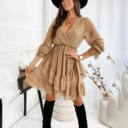 Casual Dresses Autumn Elegant Ruffle spets sömmar miniklänning kvinna vår mode långärmad v-hals a-line chiffon för kvinnor 2023