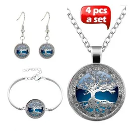 Halsbandörhängen Set 4 st/set Glass Cabochon Bangle Life of Tree Art Picture Pendant Statement Chain for Women Jewelry